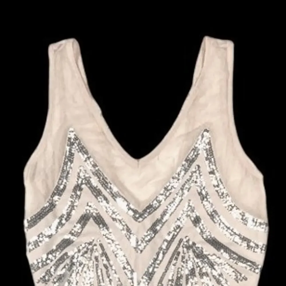 Eden Metallic Foil Sequin Tan/Silver Beaded Mini Dress | Size XS